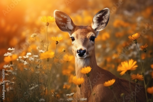 kangaroo with wild flowers in the savanna