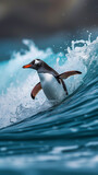 Cute penguin surfing on a wave
