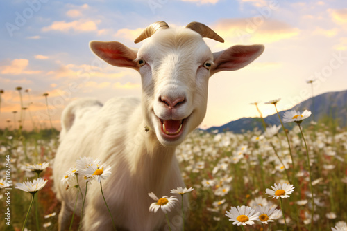 goat with wild flowers blooming