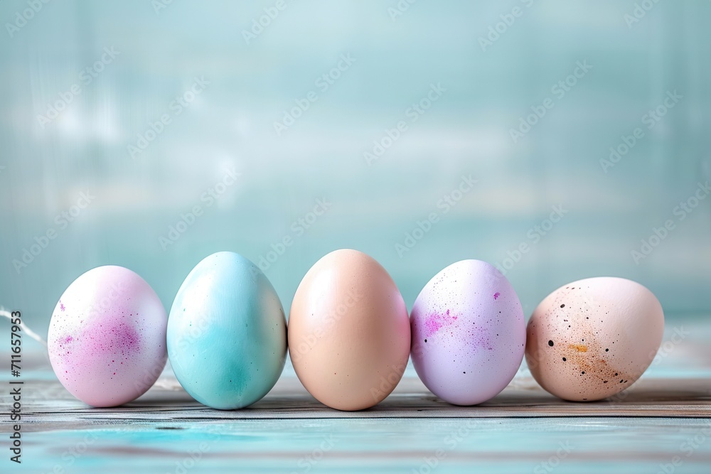 Pastel Dreams Easter Holiday Celebration Banner Greeting Card with Pastel Painted Eggs on a Bright Wooden Table Texture. created with Generative AI