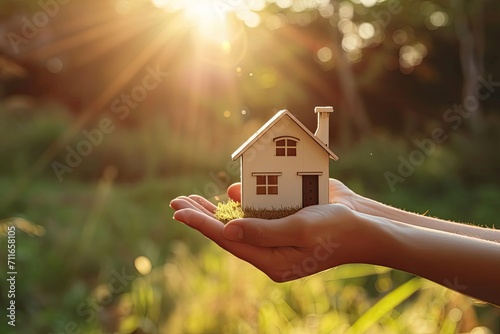 Small house in a human hand. New home, business, investment and real estate concept.