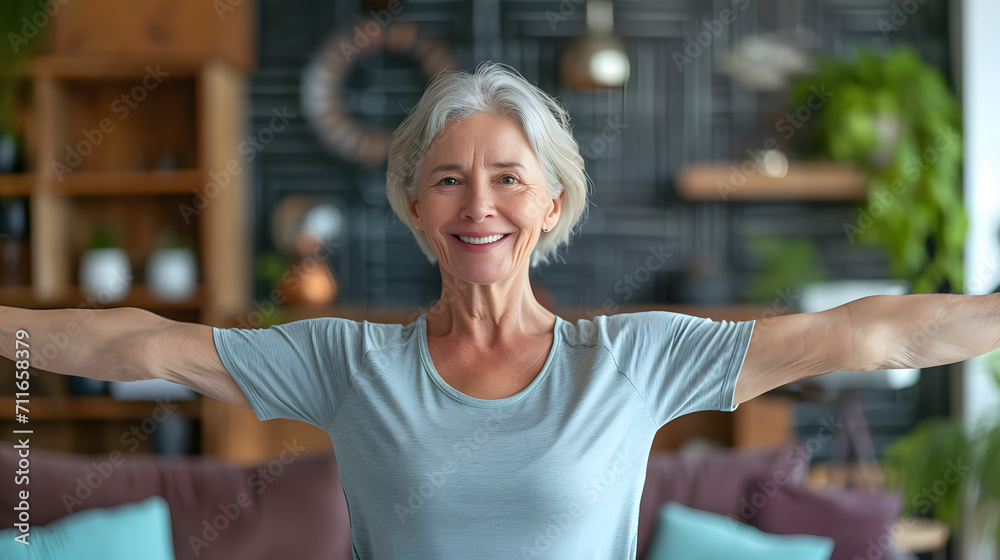 Smiling senior woman training working out exercising at home, healthy lifestyle concept