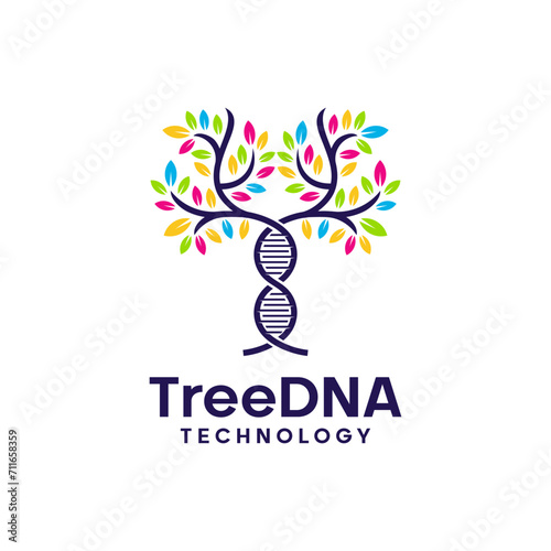 DNA tree leaf logo design vector icon. Human DNA double helix with tree colorful concept vector illustration.
