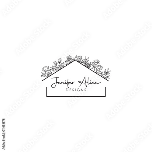 Hand Drawn Feminine Logo. Modern Flower House Logo Template for business.
