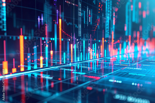 Abstract digital financial chart with glowing blue and red lines