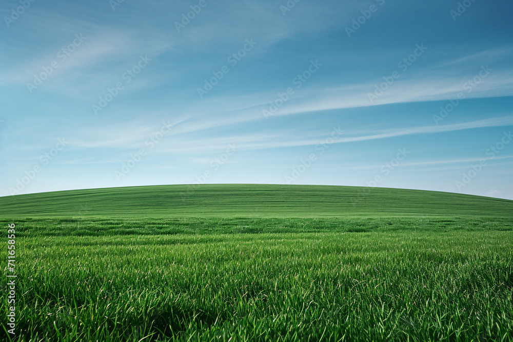 Expansive green field with a clear blue sky