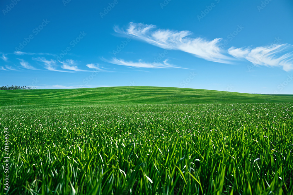 Lush green field under blue sky with wispy clouds Lush green field under blue sky with wispy clouds