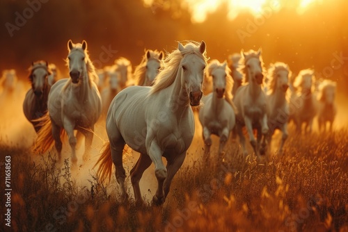 A group of wild horses running in a field at sunset