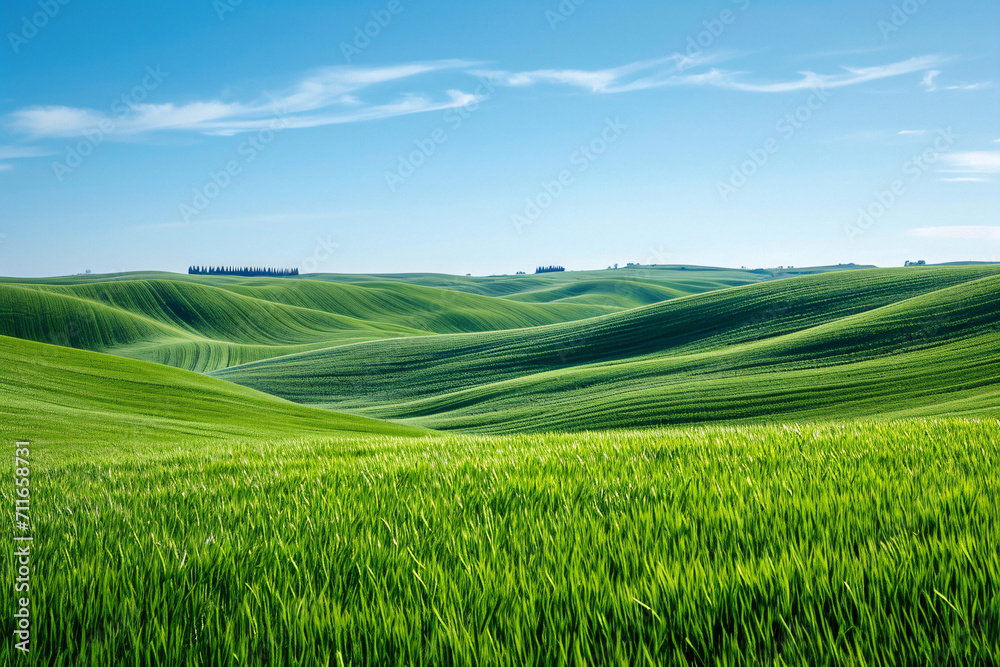 Obraz premium Vibrant green wheat fields under a dynamic blue sky