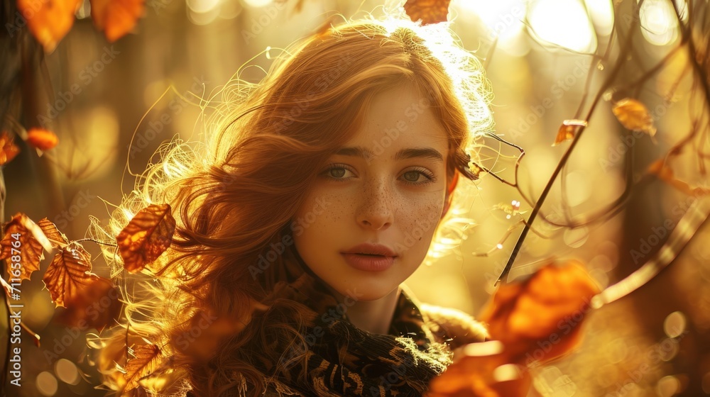 woman with sun-kissed hair surrounded by autumn leaves in a forest clearing generative ai woman with sun-kissed hair surrounded by autumn leaves in a forest clearing generative ai