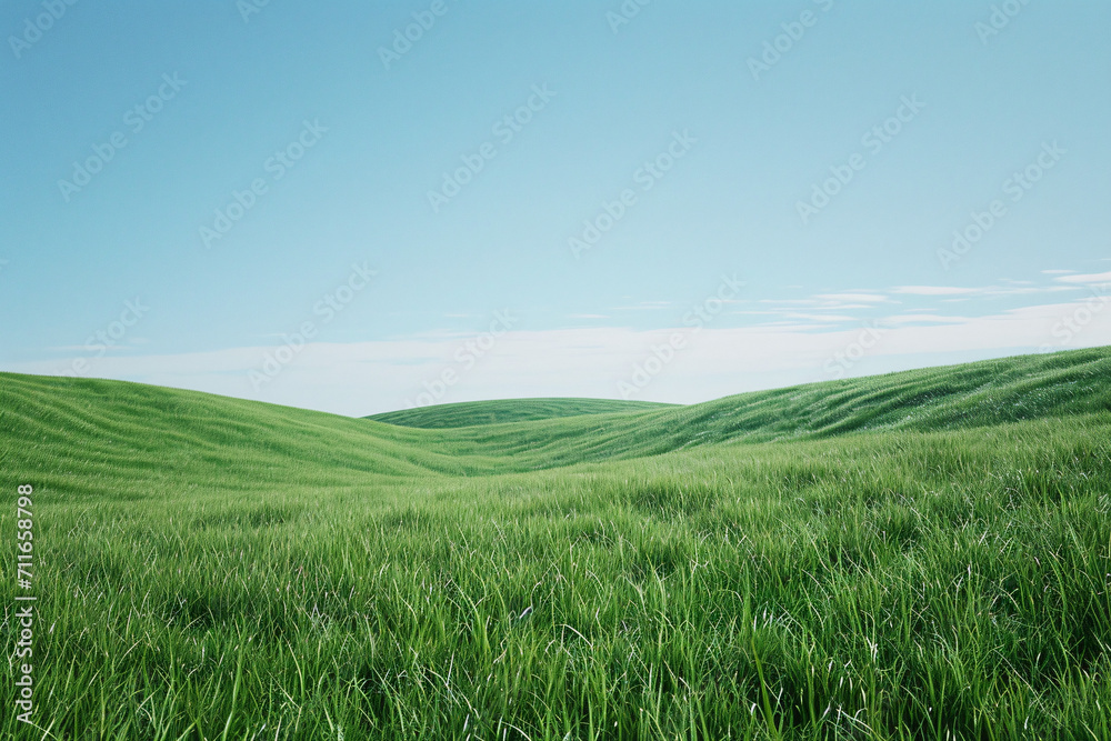 Vast green field with gentle hills and blue sky