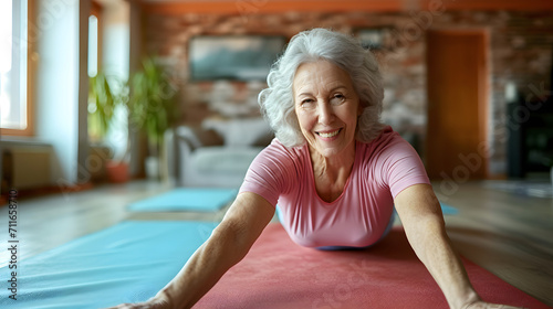 Smiling senior woman training working out exercising at home, healthy lifestyle concept