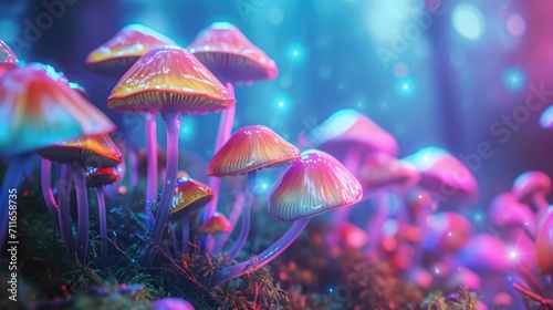 Beautiful Psychedelic Mushroom. Magical Forest. Trippy drugs. Colorful fungus background. Poisonous fly agaric. Toxic multicolor psilocybin mushrooms. Psychoactive food. Neon pink color.