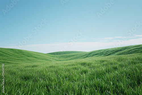 Vast green field with gentle hills and blue sky