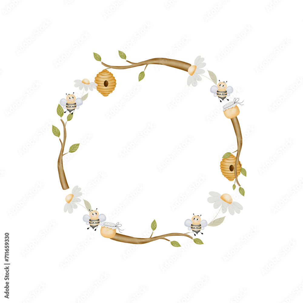Watercolor round frame with bees, hive, branches and daisies. Natural floral wreath on a white background. For designing labels and tags for honey Watercolor round frame with bees, hive, branches and daisies. Natural floral wreath on a white background. For designing labels and tags for honey