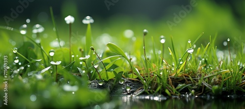 Defocused bokeh of green grass with water droplets, creating a serene outdoor atmosphere