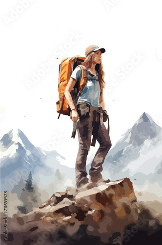 Girl on mountain peak looking in beautiful mountain valley. Landscape with sporty young woman. Travel and tourism