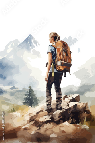 Girl on mountain peak looking in beautiful mountain valley. Landscape with sporty young woman. Travel and tourism
