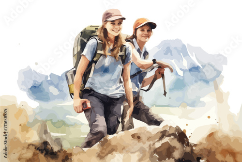 Couple girls on mountain peak looking in beautiful mountain valley. Landscape with sporty young woman. Travel and tourism