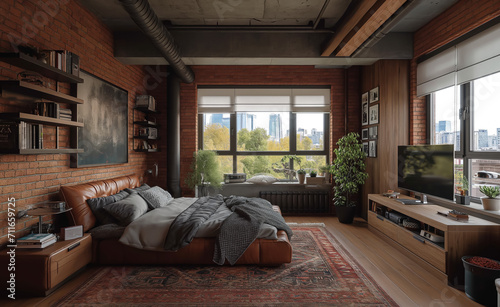 bedroom interior design Loft Style Generative AI © VRAYVENUS
