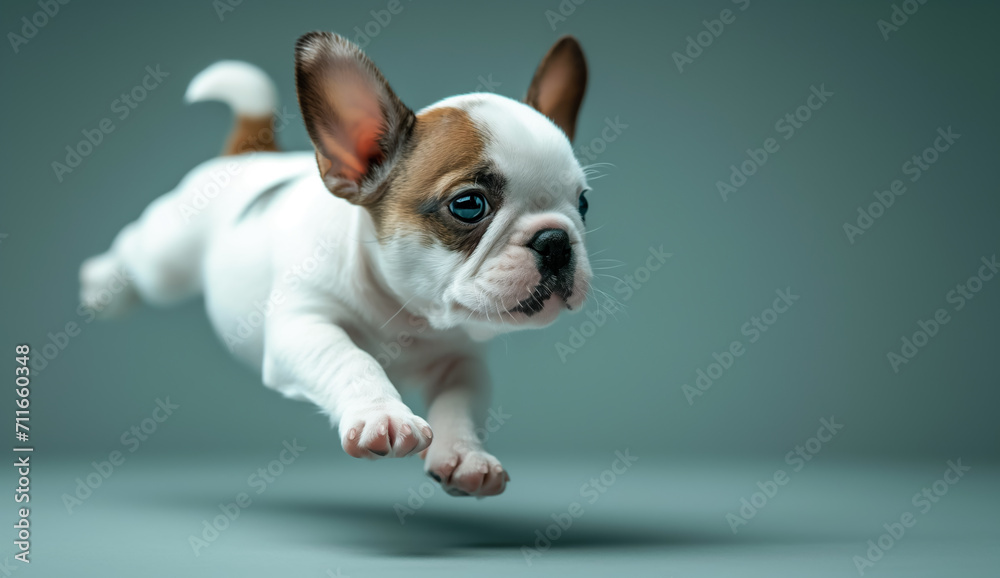 Playful funny puppy, happy french bulldog dog running, playing isolated on blue background. Concept of  animal life, health, show, breed of dog. space for text, in studio