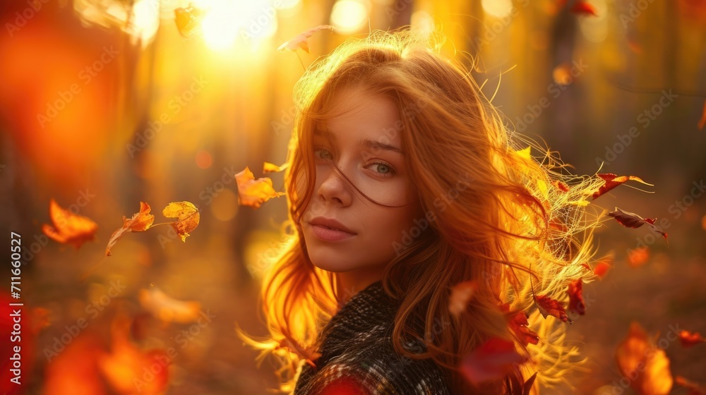 woman with sun-kissed hair surrounded by autumn leaves in a forest clearing generative ai