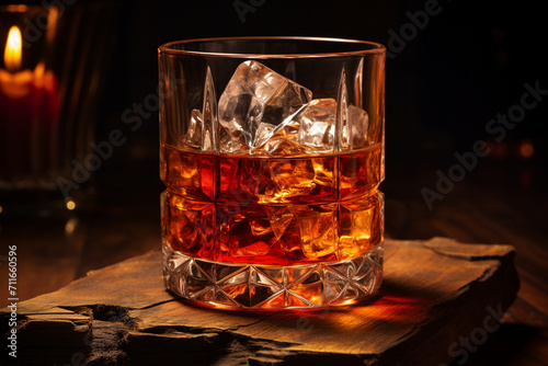 A whiskey glass with a large ice cube, filled with a smoky whiskey, set against a deep, rich mahogany background.