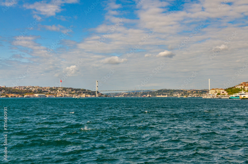 Bosporus and 15 Temmuz Şehitler Bridge scenic view from Uskudar pier on Anatolian side of Istanbul, Turkey