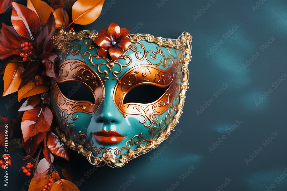 Vibrant carnival mask on solid background with space for text placement and creative design options