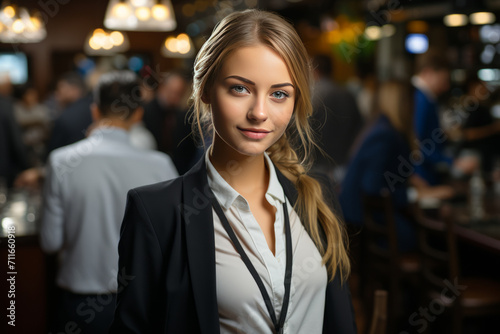 Beautiful Young Woman Standing in Front of a Bar