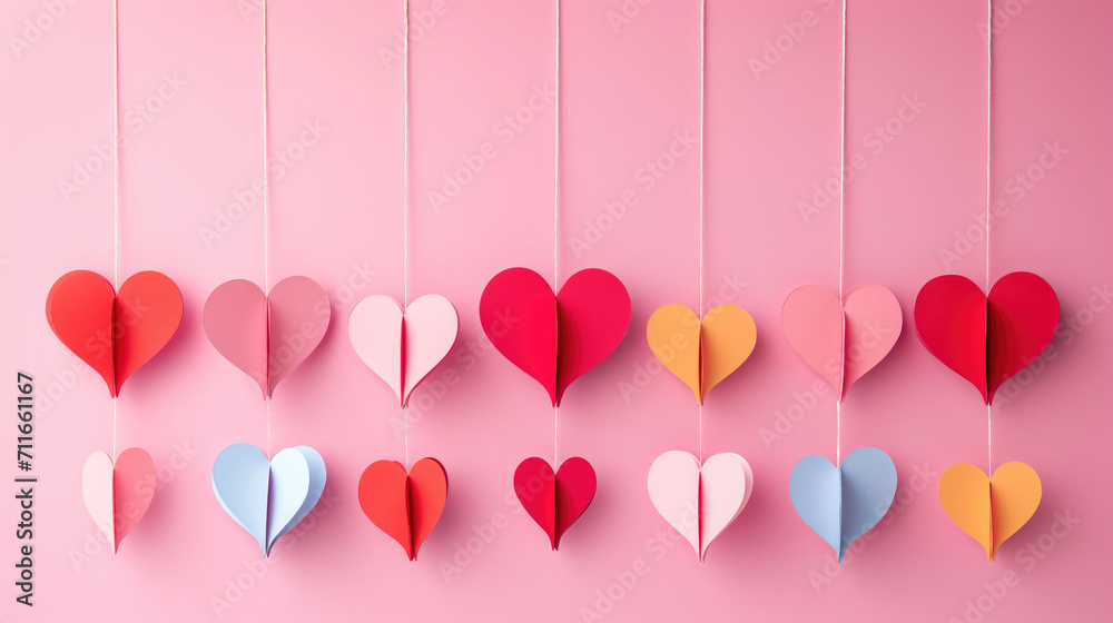 Colorful paper hearts garland, pink background. Valentine's day, love, passion, relationship concept