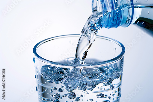 Water pouring from bottle to glass against white background