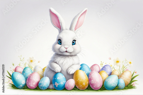 Cute cartoon White Easter bunny rabbit and pastel Easter eggs, beautiful light illustration, bright, white background. Happy Easter card, Card making, scrapbooking, planner, web design © AstiMak