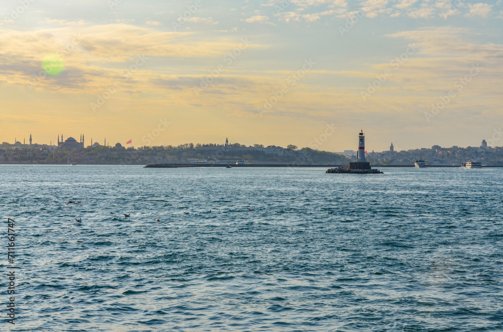 Bosporus and Istanbul evening view from Kadikoy harbor on Anatolian side