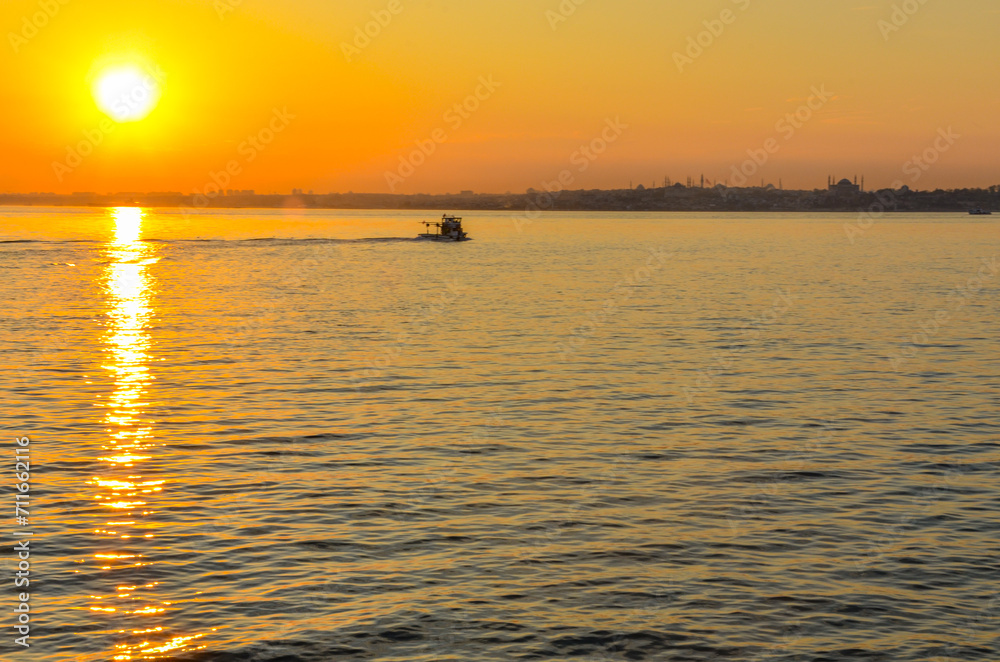 Bosporus and Istanbul sunset view from Kadikoy on Anatolian side 
