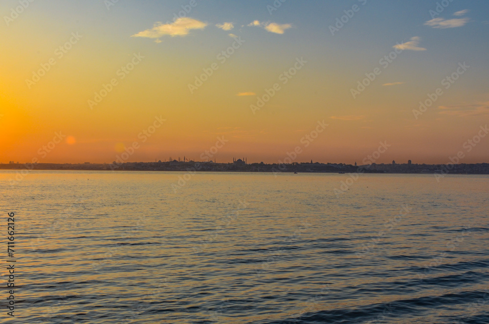 Bosporus and Istanbul sunset view from Kadikoy on Anatolian side 