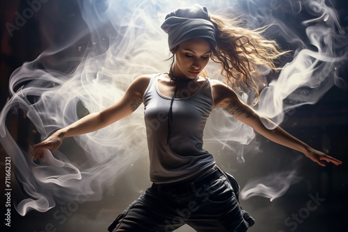 Beautiful girl dancing on a dark background in smoke.