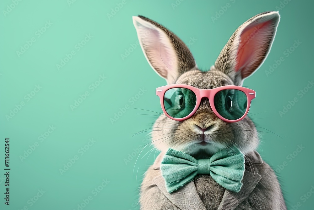 Easter Elegance Unleashed Funny Holiday Animal Celebration Greeting Card with a Cool Easter Bunny Rabbit, Wearing Pink Sunglasses and a Bow Tie, Isolated on a Lush Green Background. Easter Elegance Unleashed Funny Holiday Animal Celebration Greeting Card with a Cool Easter Bunny Rabbit, Wearing Pink Sunglasses and a Bow Tie, Isolated on a Lush Green Background.