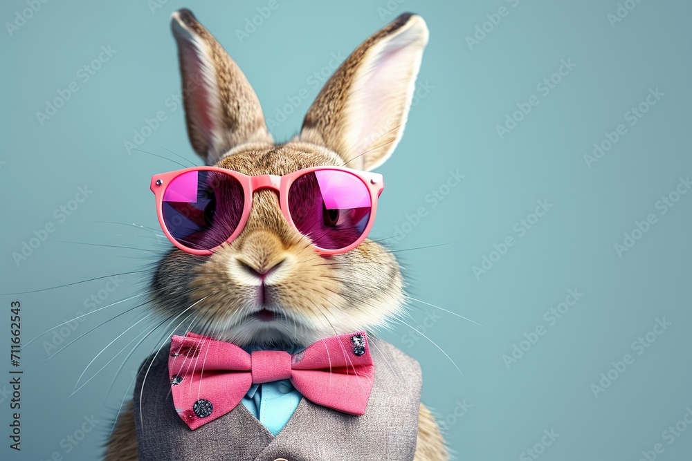 Fototapeta premium Dapper Bunny Vibes Funny Easter Concept Holiday Animal Celebration Greeting Card with a Cool Easter Bunny Rabbit Sporting Pink Sunglasses and Bow Tie, Isolated on a Stylish Blue Background. 