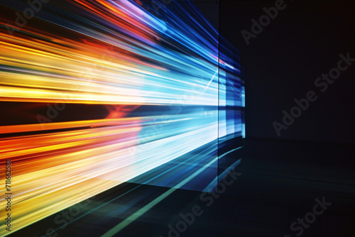 Colorful light streaks in motion on a dark corridor
