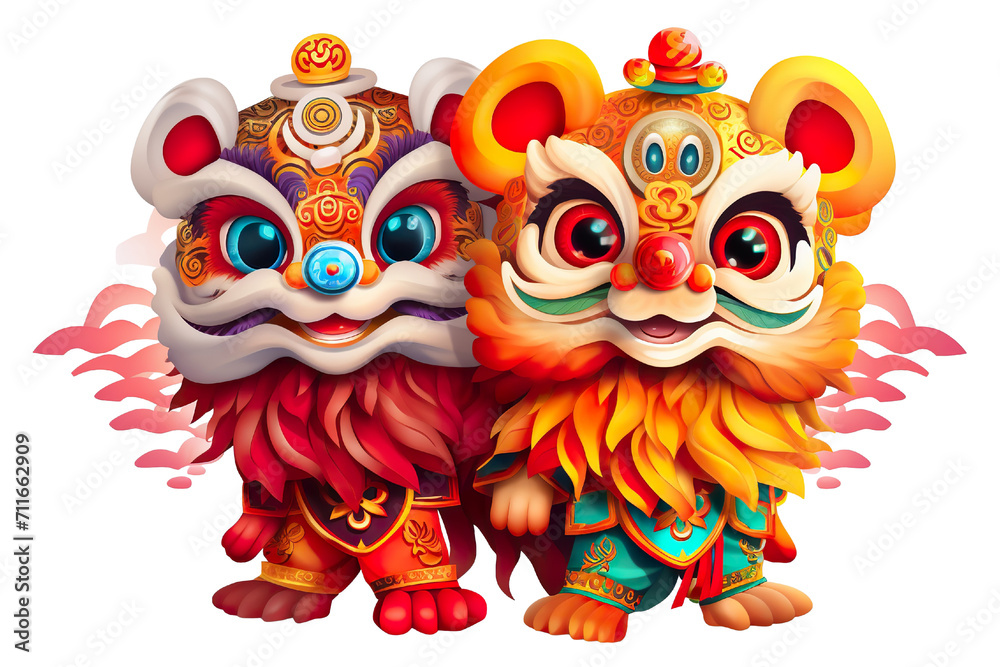 Cute colorful couple Lion dance at lunar new year, white background, 3d cartoon style