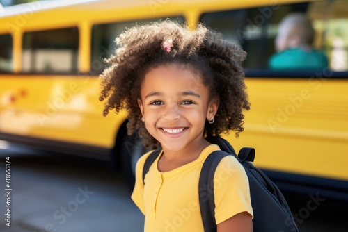 Beautiful black little girl wavy hair smiling wearing a full solid black tshirt and pants with school bus in background 