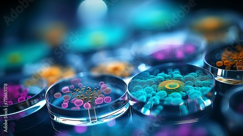 High resolution macro close up of bacteria and virus cells in a scientific laboratory petri dish photo