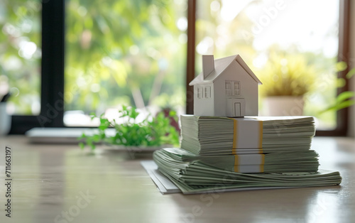 Closeip image of toy house on stacked of money with copy space. Home financing, ownership and savings money concept. photo