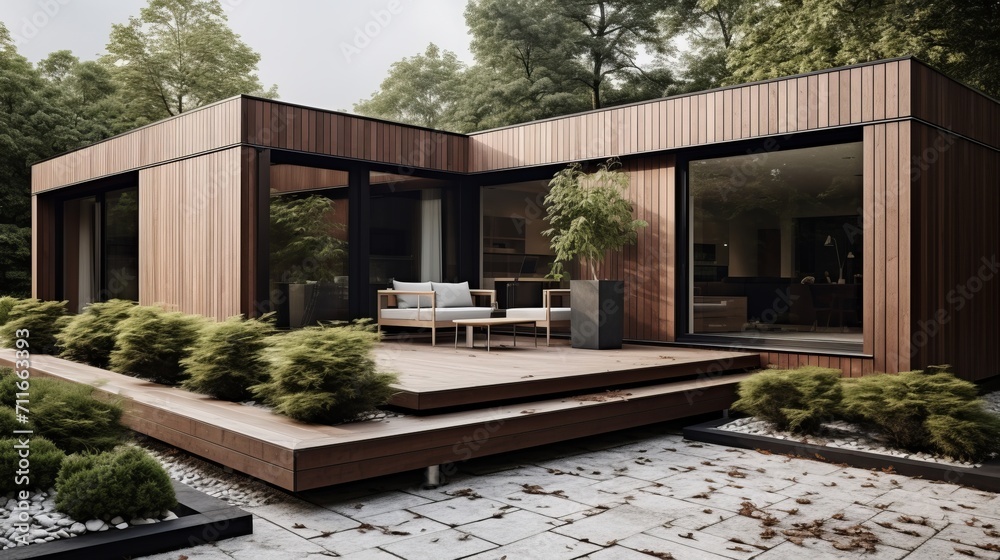 Modern minimalist villa with wooden cladding and black panel walls, featuring stunning landscaping