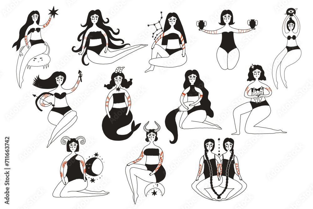 Naklejka premium Folk women zodiac sign set illustration