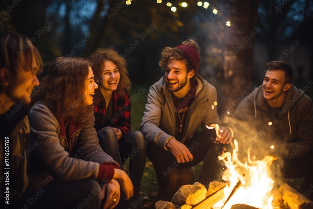 A group of friends gather around a bonfire on a chilly evening, wearing cozy sweatshirts and sharing stories and laughter, Rembrandt Lighting, new objectivity, UHD,