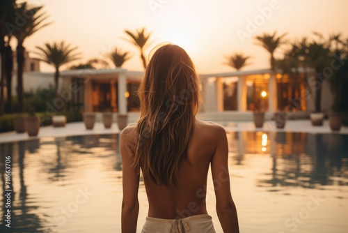 A distance shot of beautiful woman (facing away from camera) emerging from the water of luxury resort pool at sunset, relaxing health and wellness spa vacation, golden hour 