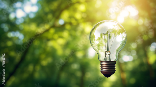 Light bulb on forest background, sustainability, renewable green energy and idea concept.