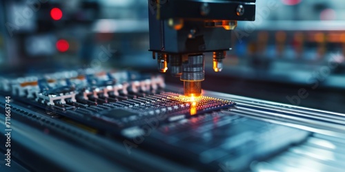 Close-up of semiconductor computer chips being manufactured and attached to a surface with a pick and place machine